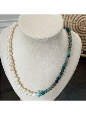 Second Bloom Studio Pearl Agate Ceramic Necklace 19.25" Teal Brown Gold Coastal